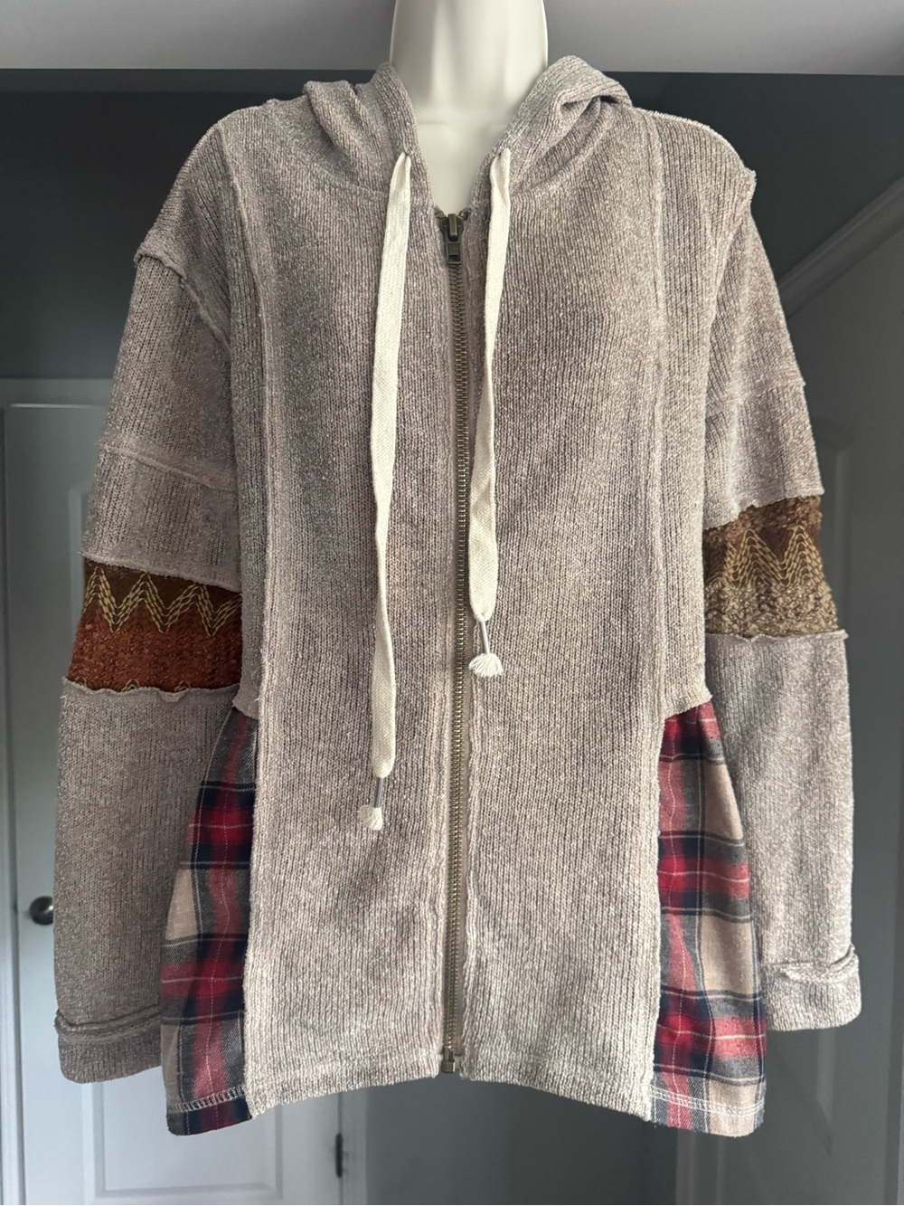 POL Patchwork Plaid Zip Up Hoodie Boho Distressed Mixed Media Oversized Medium